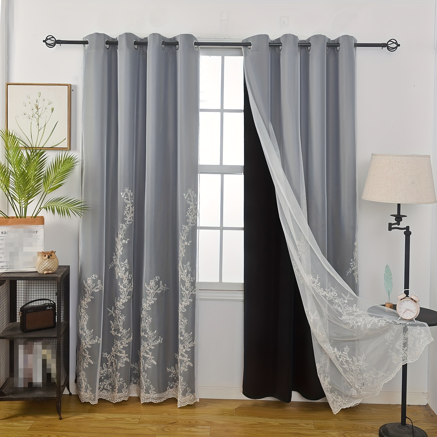 Linen Curtain Eyelet - 2pcs Curtains with Embroiered Sheer Voile,