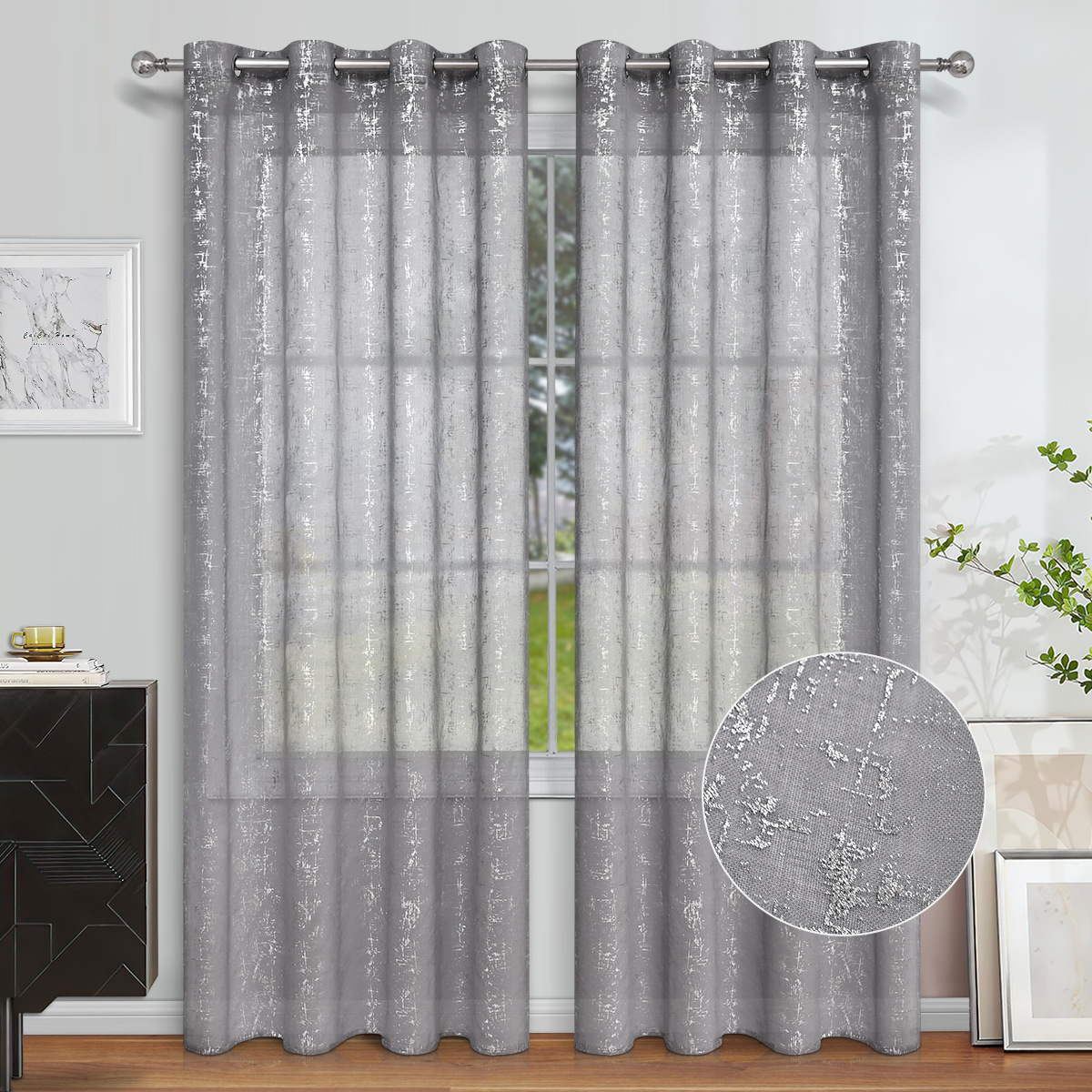 Curtain Silver Printed Grommet - مراجعة Linen Curtain Eyelet وسعره